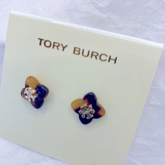 New Tory Burch Tortoise Flower Gold Logo Stud Earrings - Picture 8 of 10